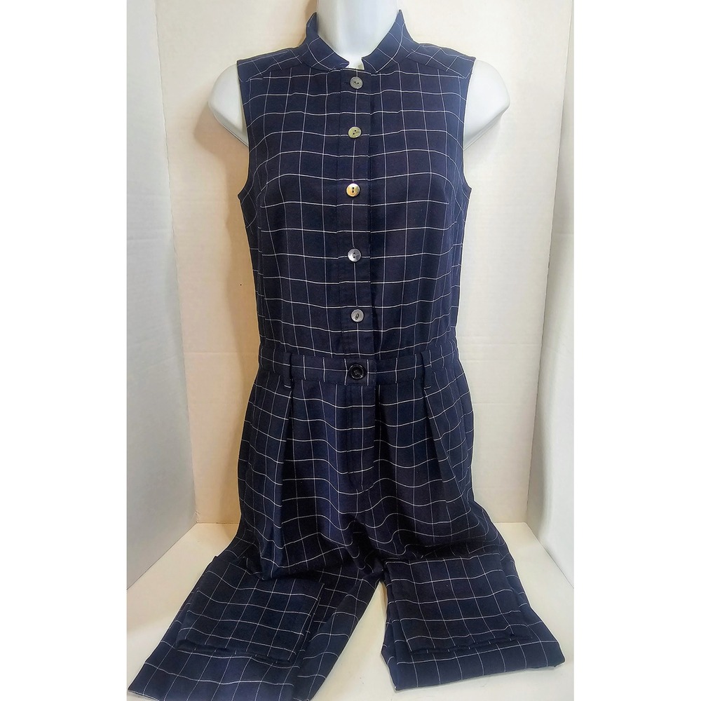 Armani Exchange Navy/White Plaid‎ Jumpsuit Sleeveless Button Front SZ 0